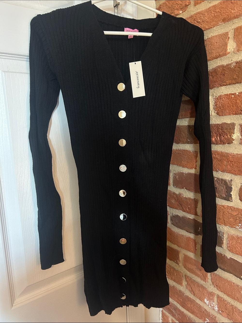 Francesca's Collections Black Ribbed Long Sleeve Button-Front Dress